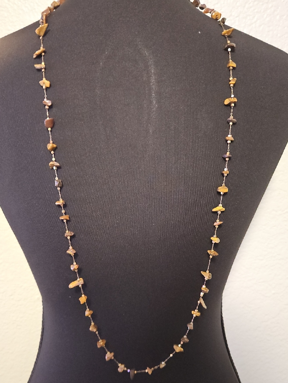 Natural Stone Tigers Eye Bead Long Necklace in Brown and Gold